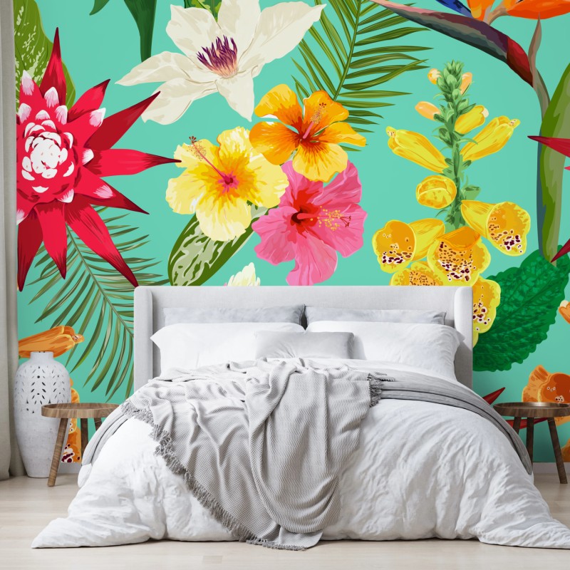 Fototapete tropisches aquarell-blumenmuster mit hibiskus, tigerlilie und paradiesvogelblume – Wallnifity®