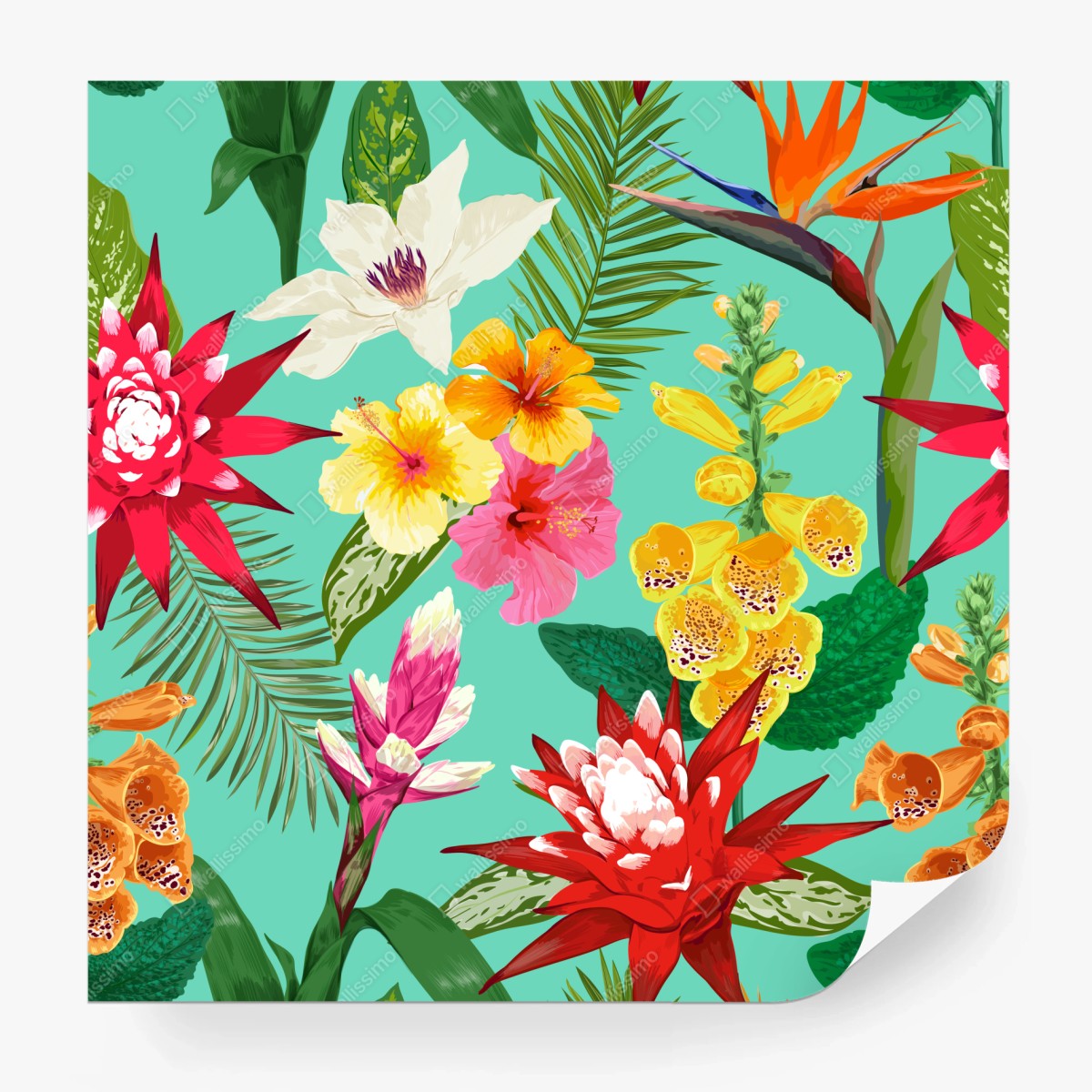 Fototapete tropisches aquarell-blumenmuster mit hibiskus, tigerlilie und paradiesvogelblume – Wallnifity®