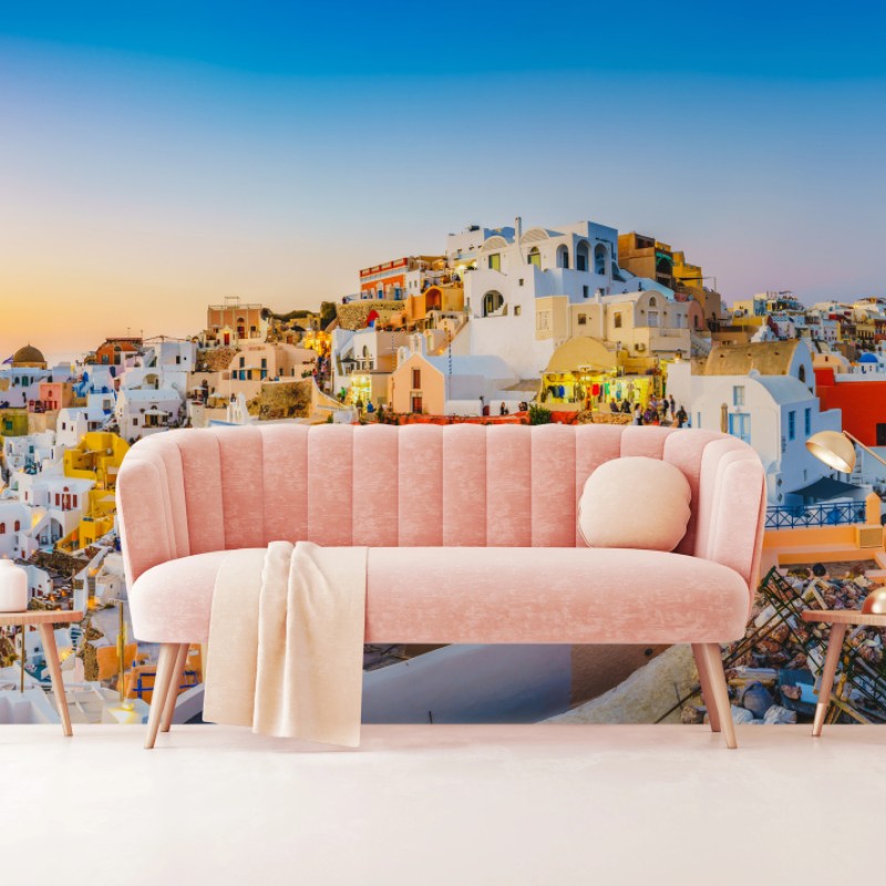 Fototapete sonnenuntergang über Santorini panoramaansicht – Wallnifity®