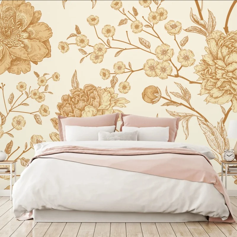 Fototapete vintage beiges blumenmuster mit pfingstrosen – Wallnifity®