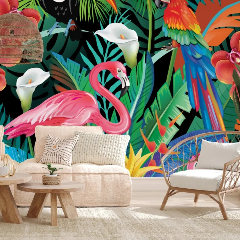Fototapete leuchtende tropische vögel und blumen – Wallnifity®