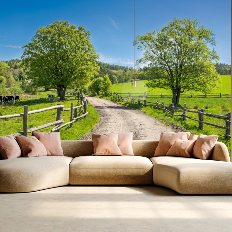 Fototapete sonnige landstraße durch grüne wiesen – Wallnifity®