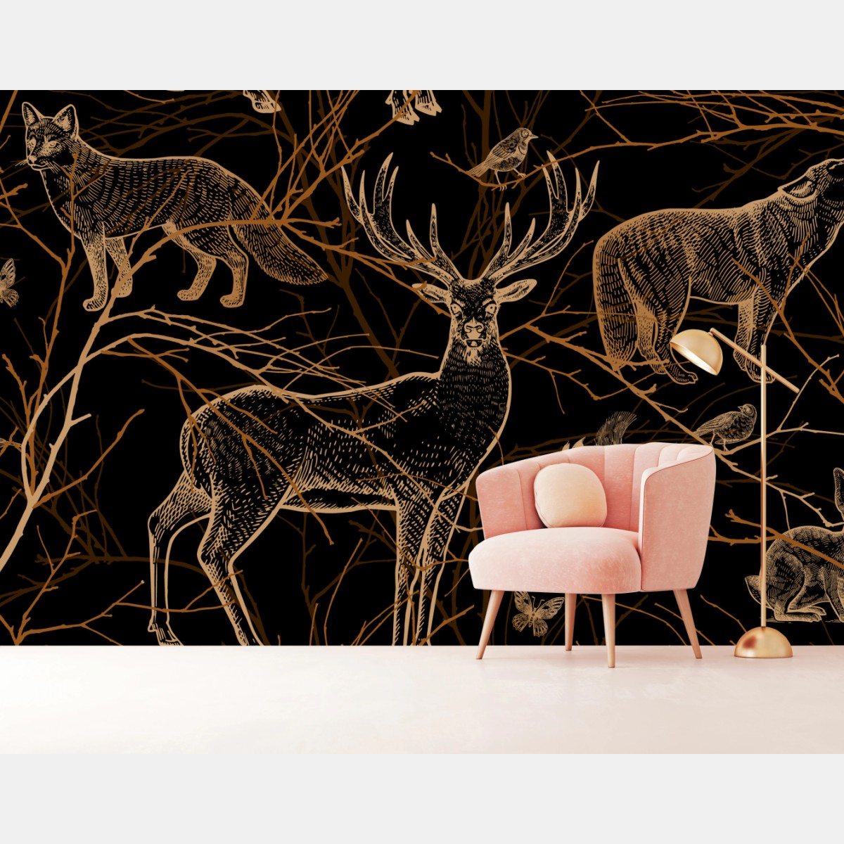 Fototapete goldene waldtiere auf schwarzem hintergrund – Wallnifity®