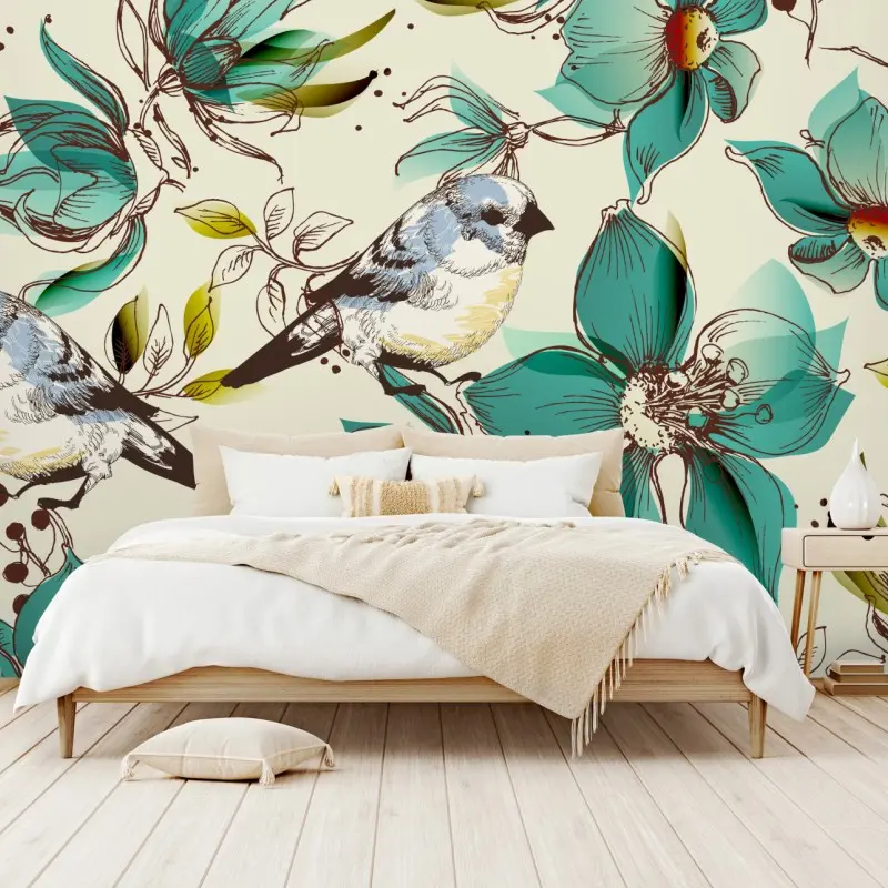 Fototapete retro türkis blumen- und vogelmuster
