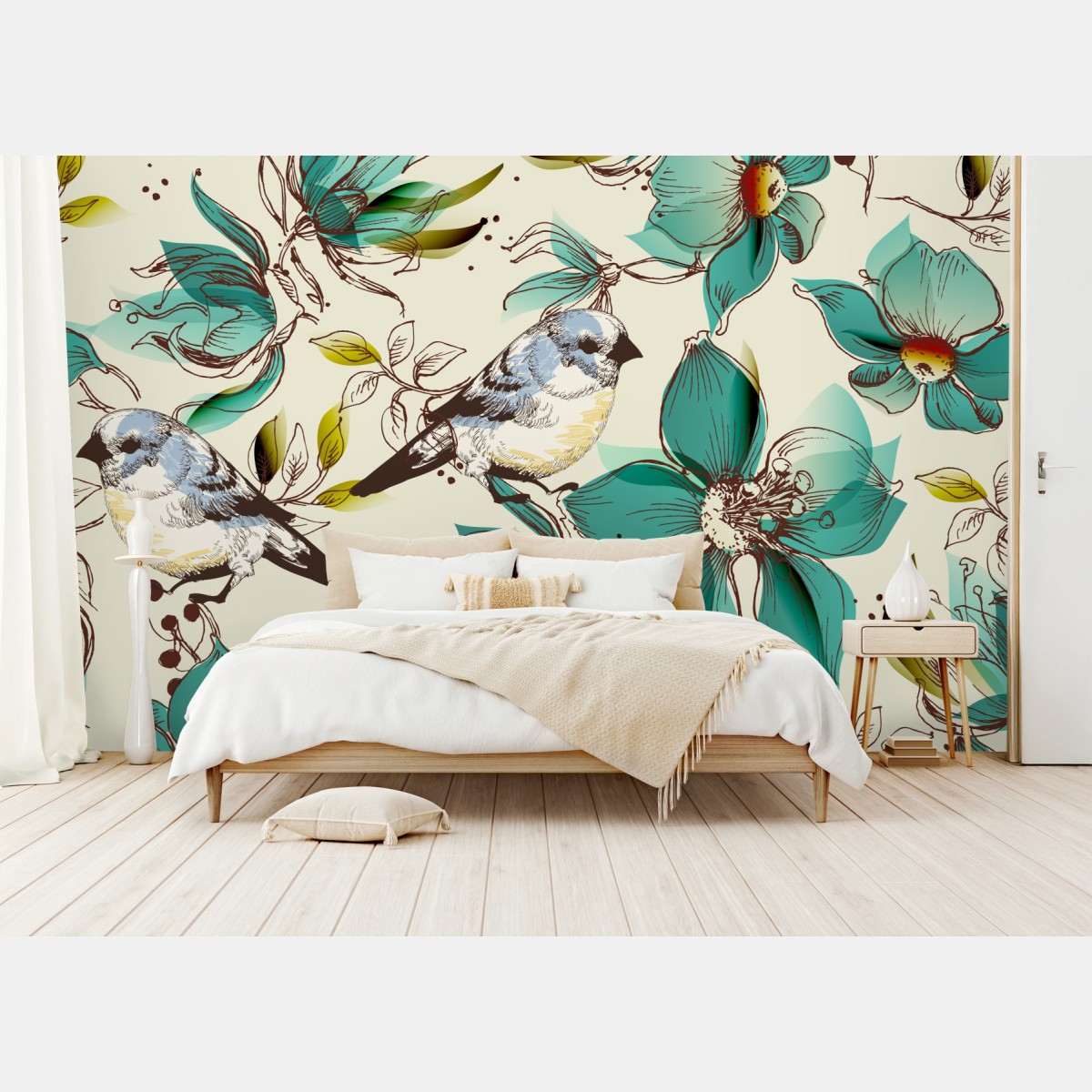 Fototapete retro türkis blumen- und vogelmuster – Wallnifity®