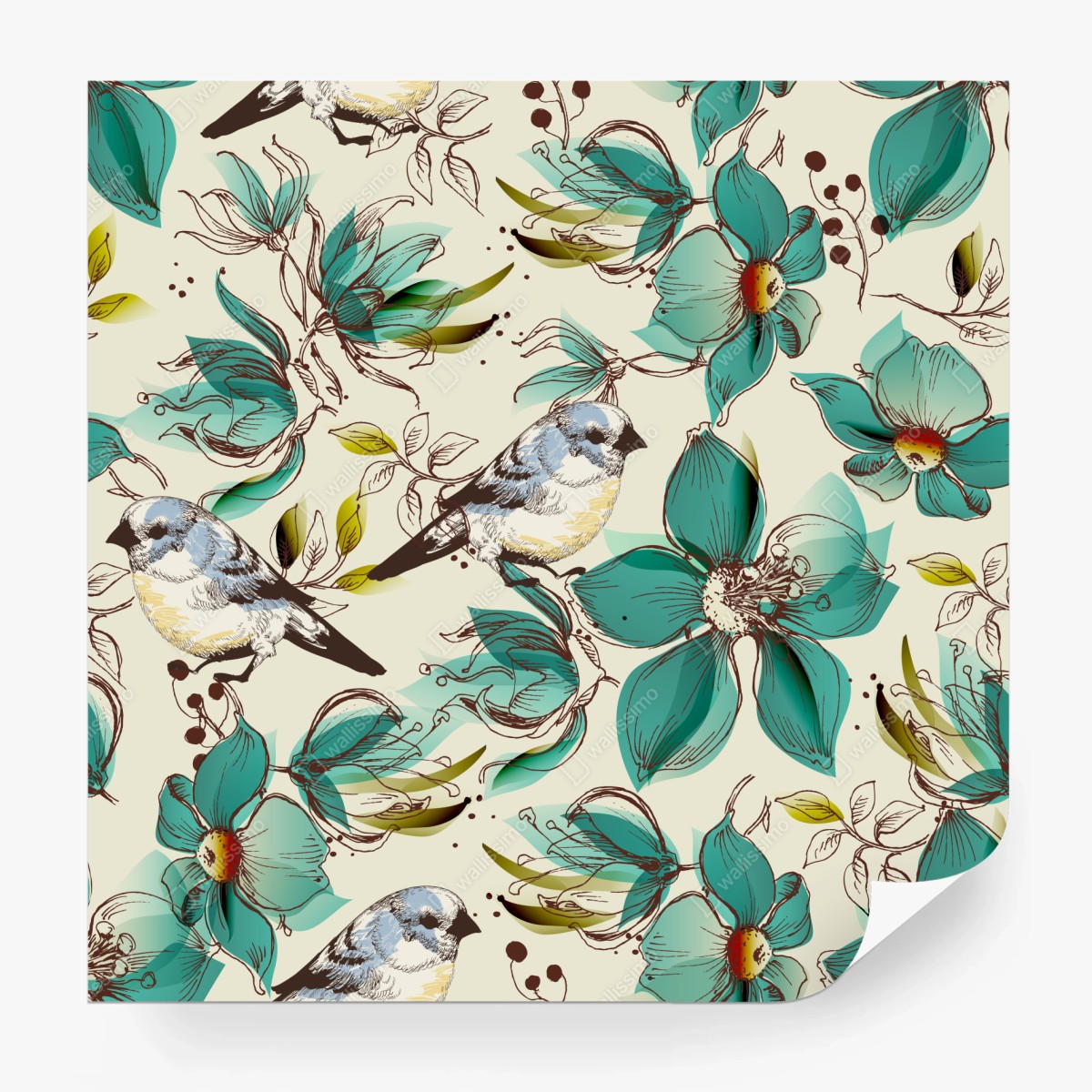 Fototapete retro türkis blumen- und vogelmuster – Wallnifity®