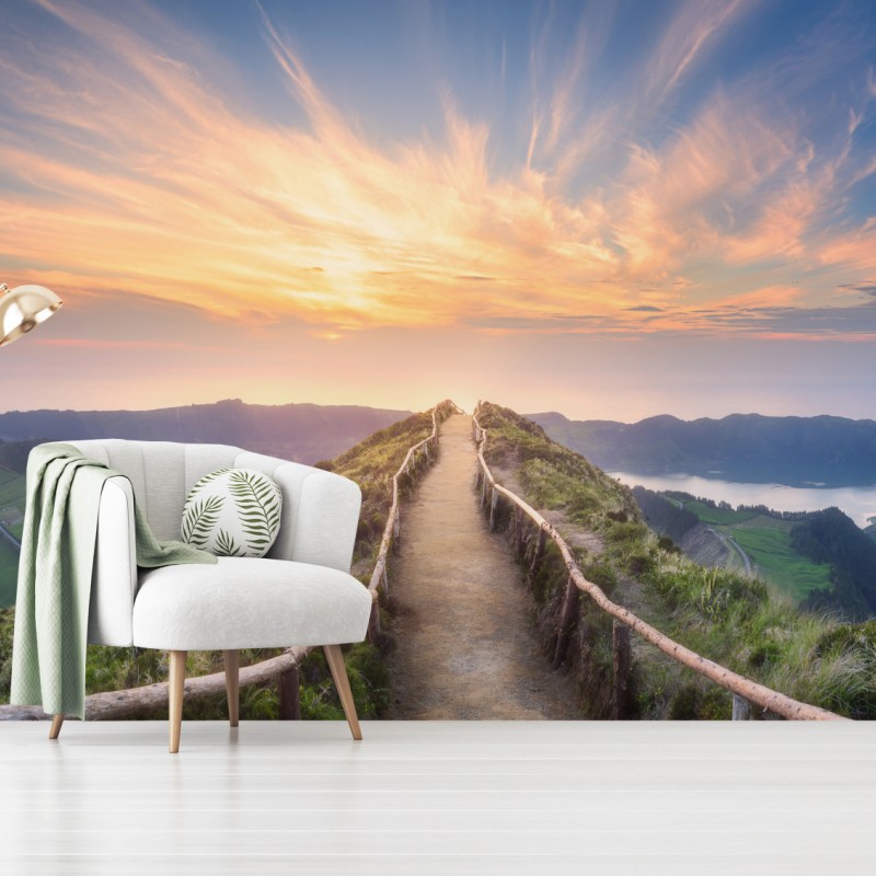 Fototapete sonnenuntergangspfad auf berggrat über see und tal – Wallnifity®