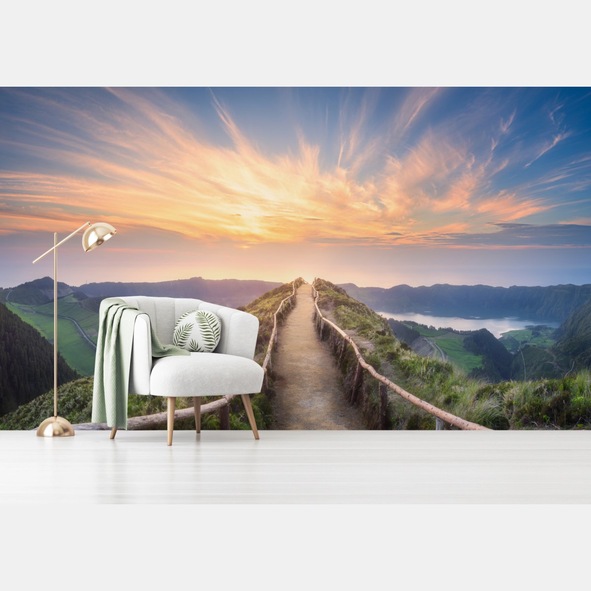 Fototapete sonnenuntergangspfad auf berggrat über see und tal – Wallnifity®