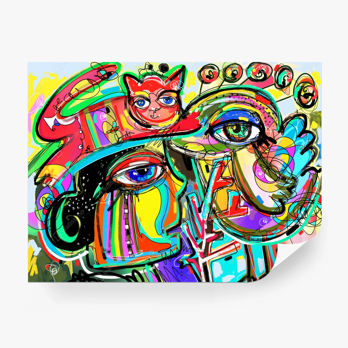 Fototapete lebendige abstrakte gesichter mit katze und vogel – Wallnifity®