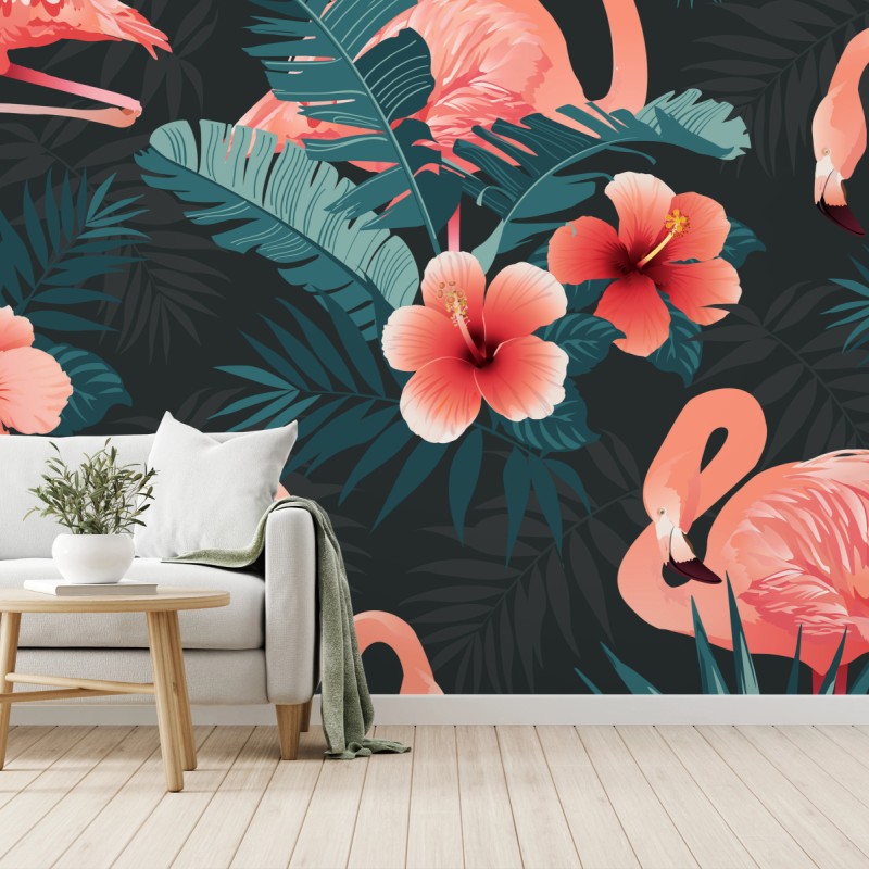 Fototapete tropisches muster mit rosa flamingos – Wallnifity®