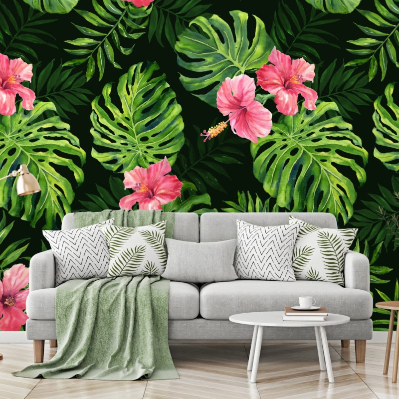 Fototapete tropisches monstera- und hibiskus-motiv