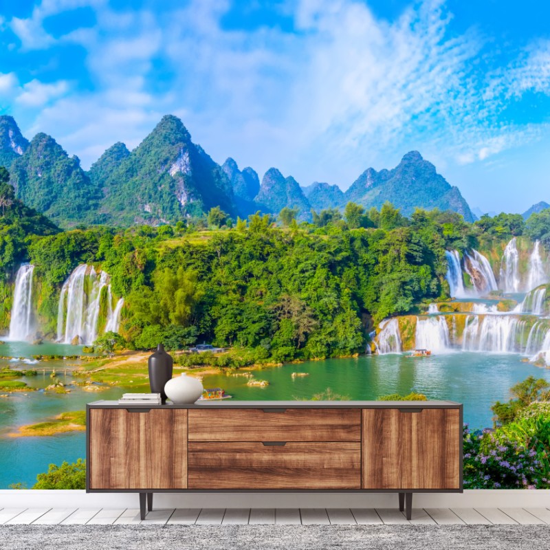 Fototapete üppige panoramaansicht eines wasserfalls mit karstbergen – Wallnifity®