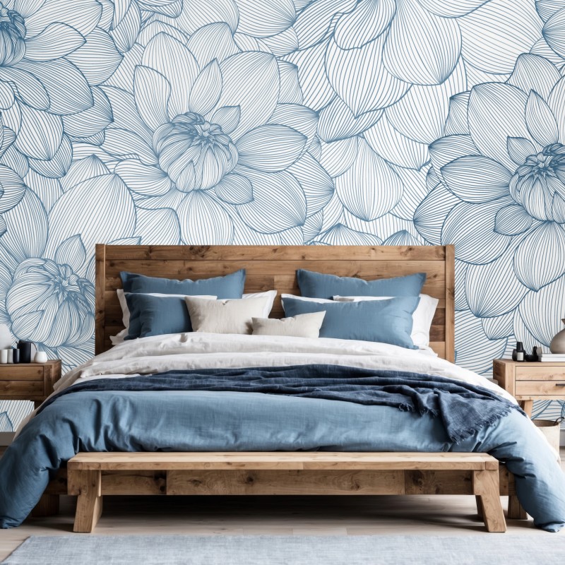 Fototapete zartes blaues blumenlinienmuster – Wallnifity®