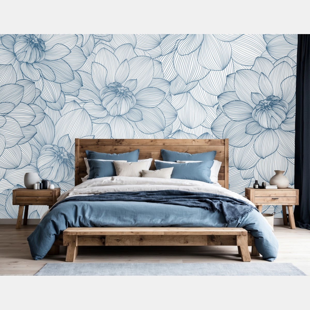 Fototapete zartes blaues blumenlinienmuster – Wallnifity®