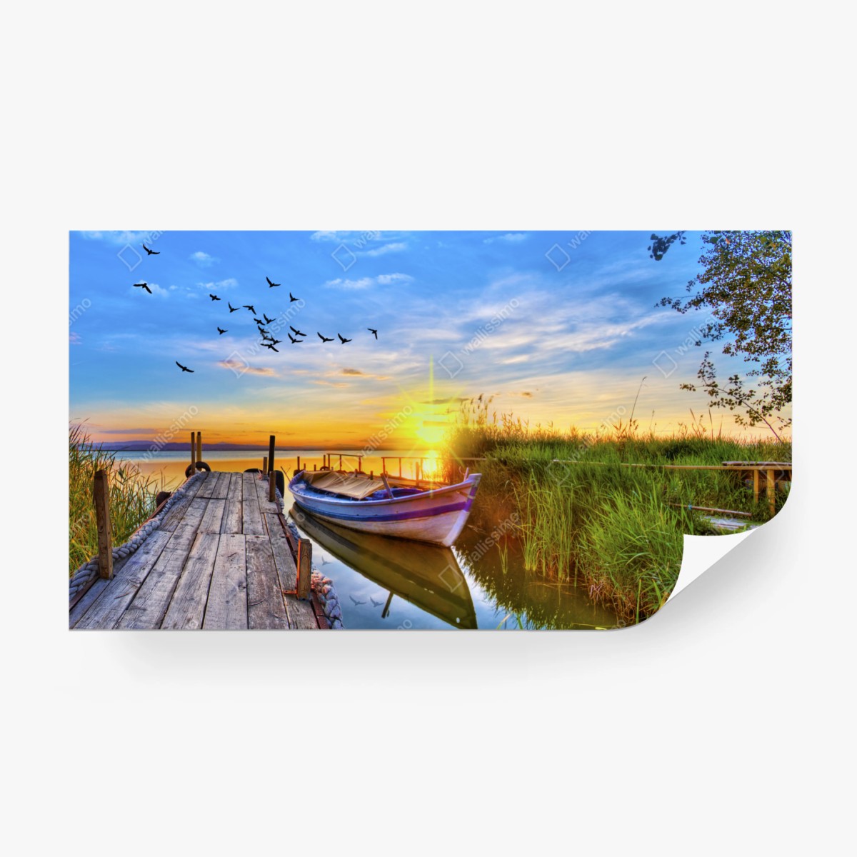 Fototapete sonnenuntergang am see mit boot am steg – Wallnifity®