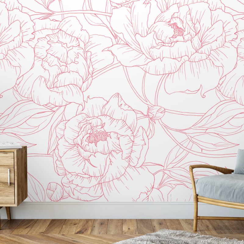 Fototapete zartes rosa paeonien-line-art-muster – Wallnifity®