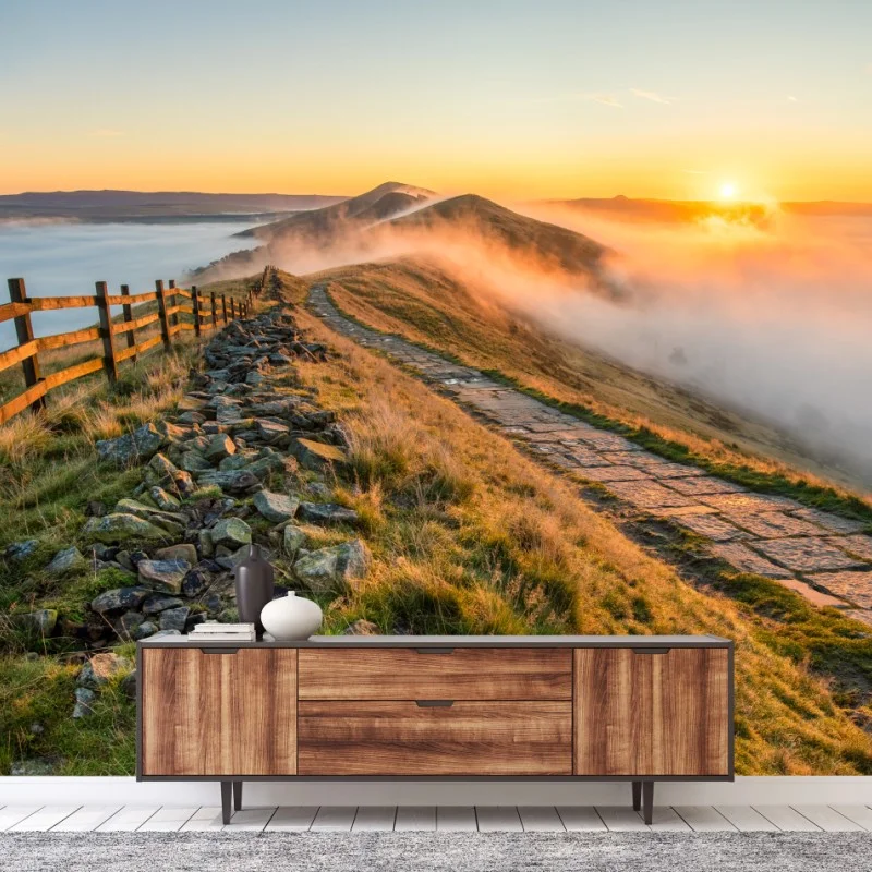 Fototapete sonnenaufgang über einem nebligen bergrücken mit steinweg – Wallnifity®