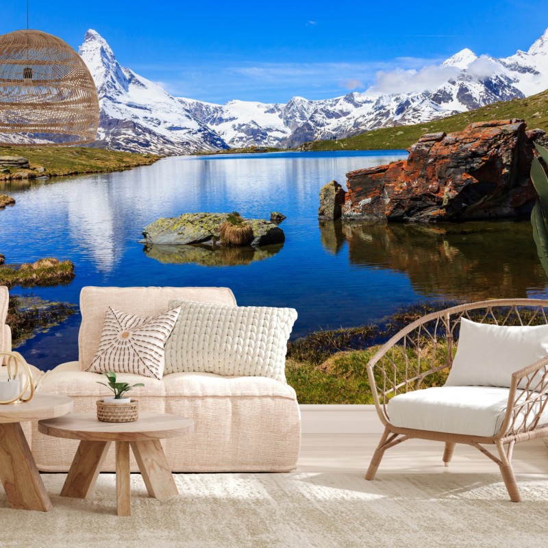 Fototapete ruhige spiegelung des Matterhorns am Stellisee, Zermatt – Wallnifity®