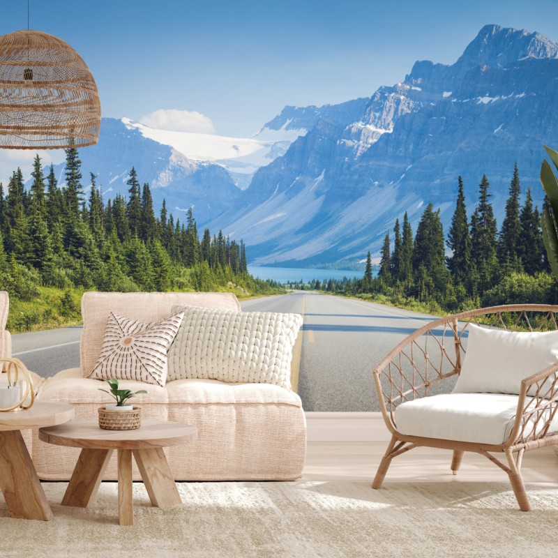 Fototapete straße durch kiefernwald zu gletschersee und bergen – Wallnifity®