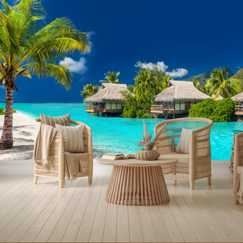 Fototapete tropische bungalows über dem wasser am türkisblauen meer – Wallnifity®