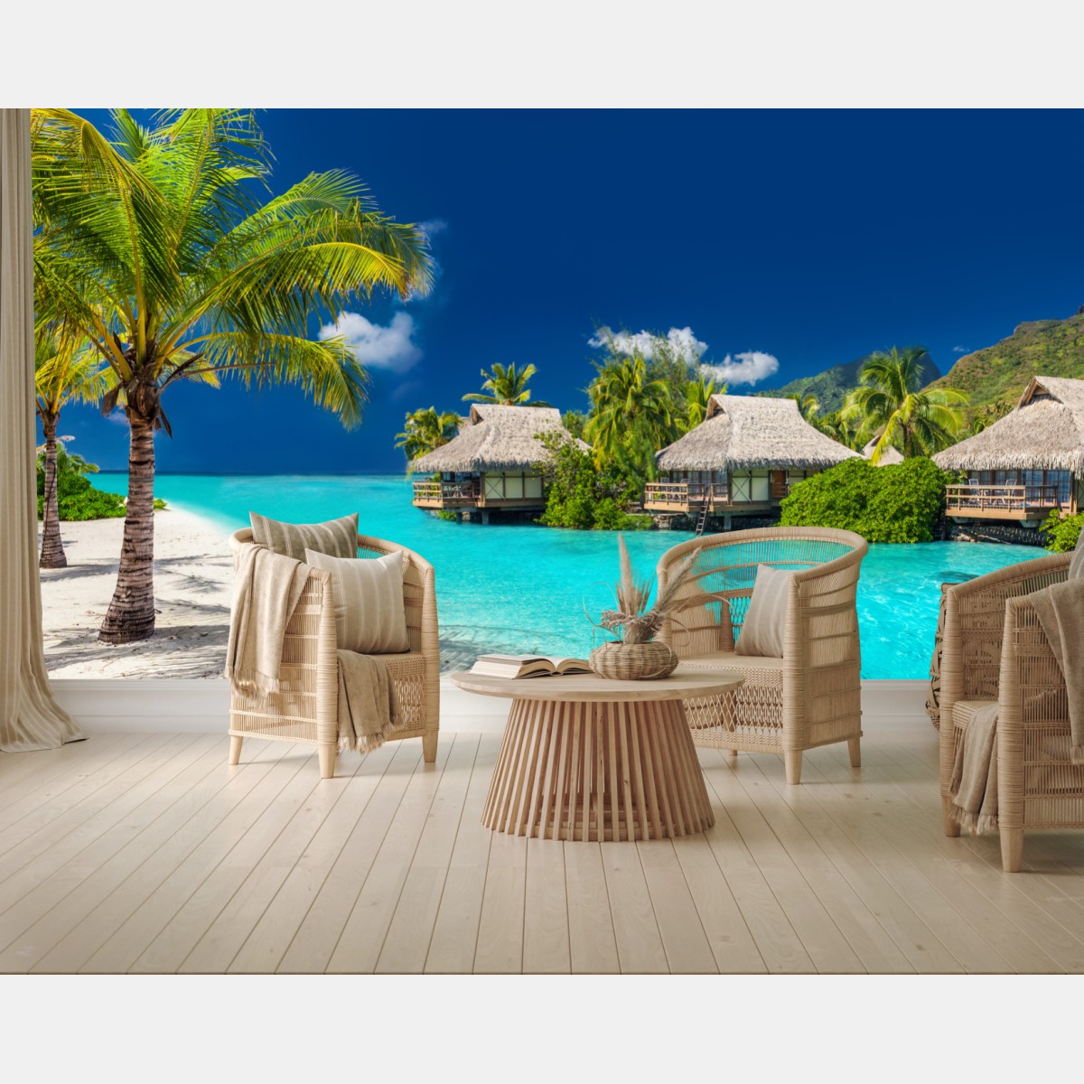 Fototapete tropische bungalows über dem wasser am türkisblauen meer – Wallnifity®