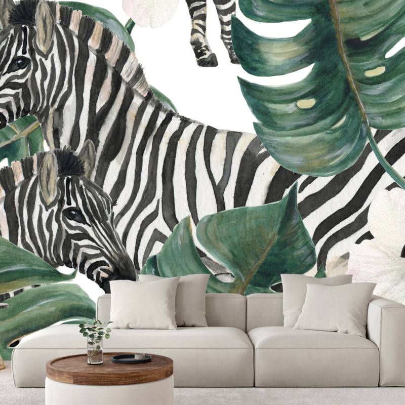 Fototapete tropisches zebramotiv mit monsterablättern – Wallnifity®