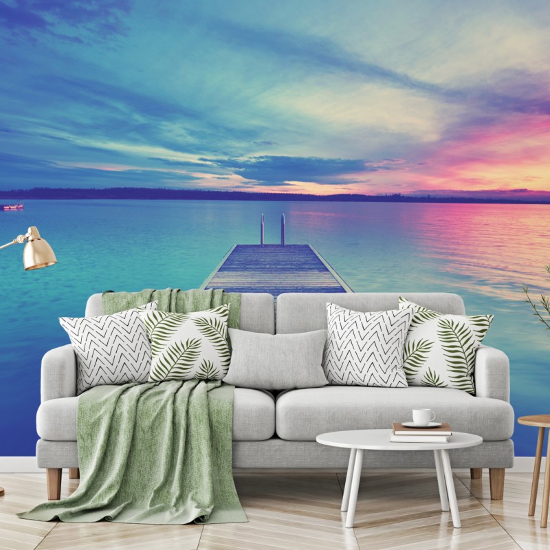 Fototapete pastellsteg am see bei sonnenuntergang – Wallnifity®
