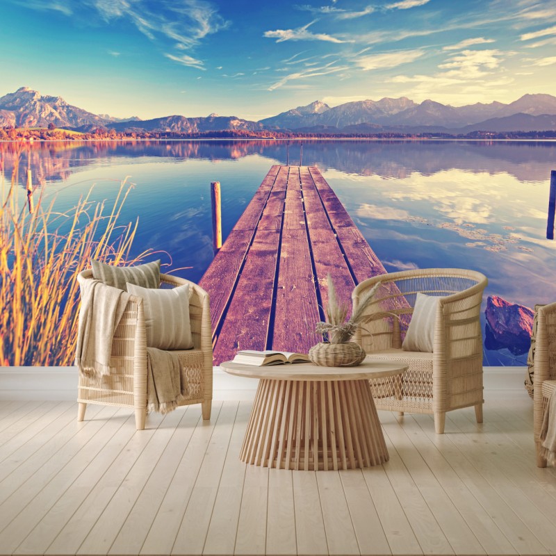 Fototapete holzsteg am bergsee bei sonnenaufgang – Wallnifity®