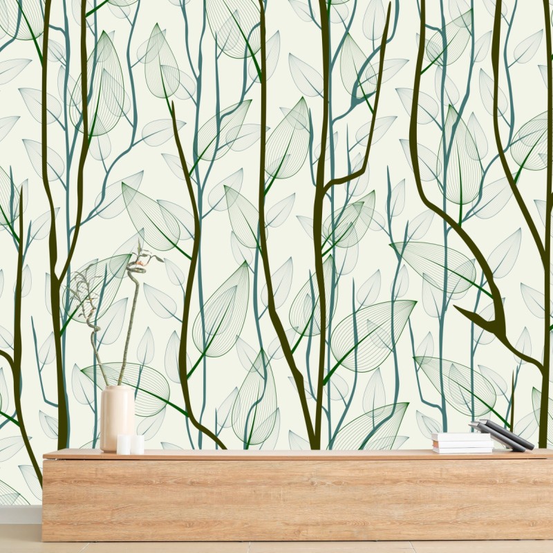 Fototapete zartes muster mit blättern und zweigen