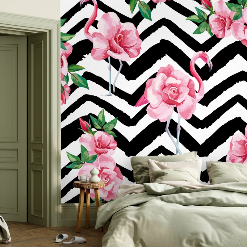 Fototapete tropisches muster mit rosa flamingo und rosen – Wallnifity®