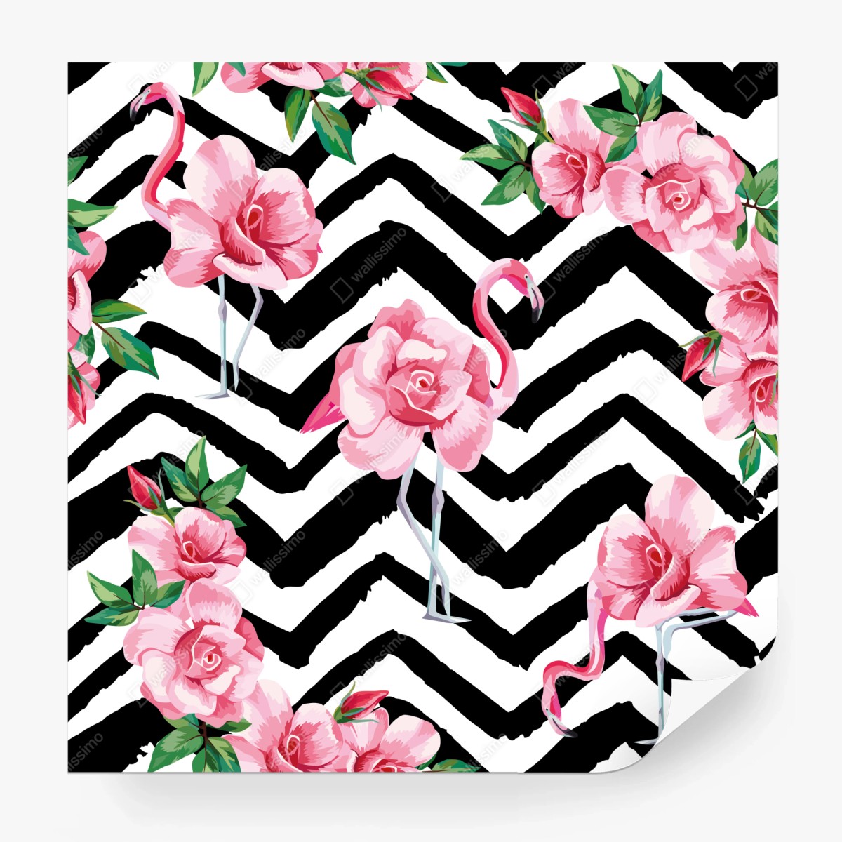 Fototapete tropisches muster mit rosa flamingo und rosen – Wallnifity®