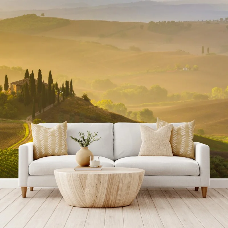 Fototapete nebliger morgen über Val d'Orcia