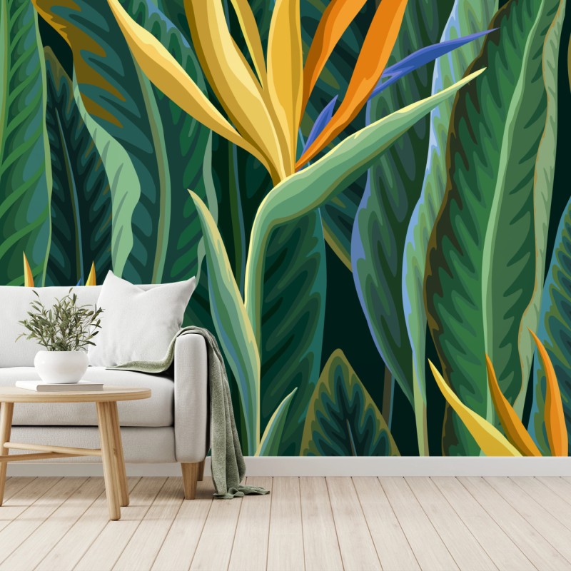 Fototapete tropische illustration mit strelitzie und üppigen blättern – Wallnifity®