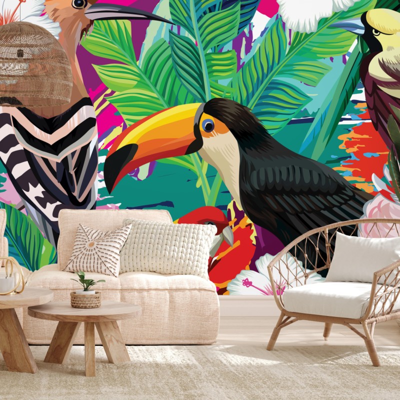 Fototapete leuchtende tropische vögel im dschungel – Wallnifity®