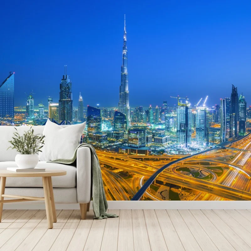 Fototapete Dubai skyline bei dämmerung
