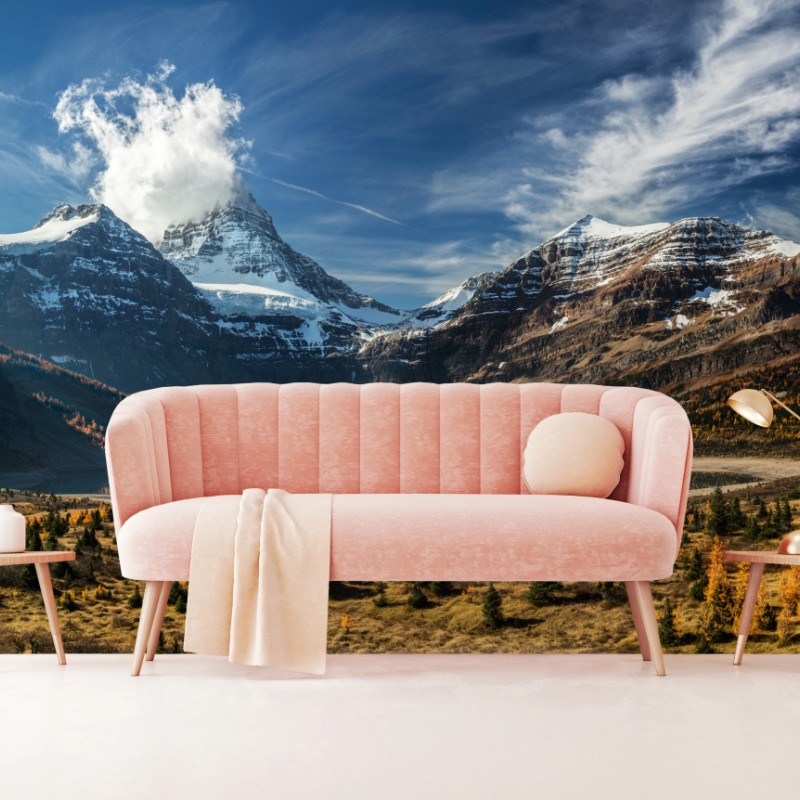 Fototapete schneebedeckte gipfel gespiegelt in einem herbstlichen alpensee – Wallnifity®