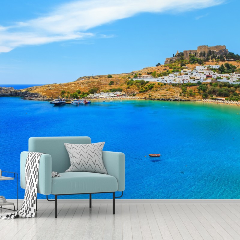 Fototapete sonnige bucht mit hügeligem küstendorf – Wallnifity®