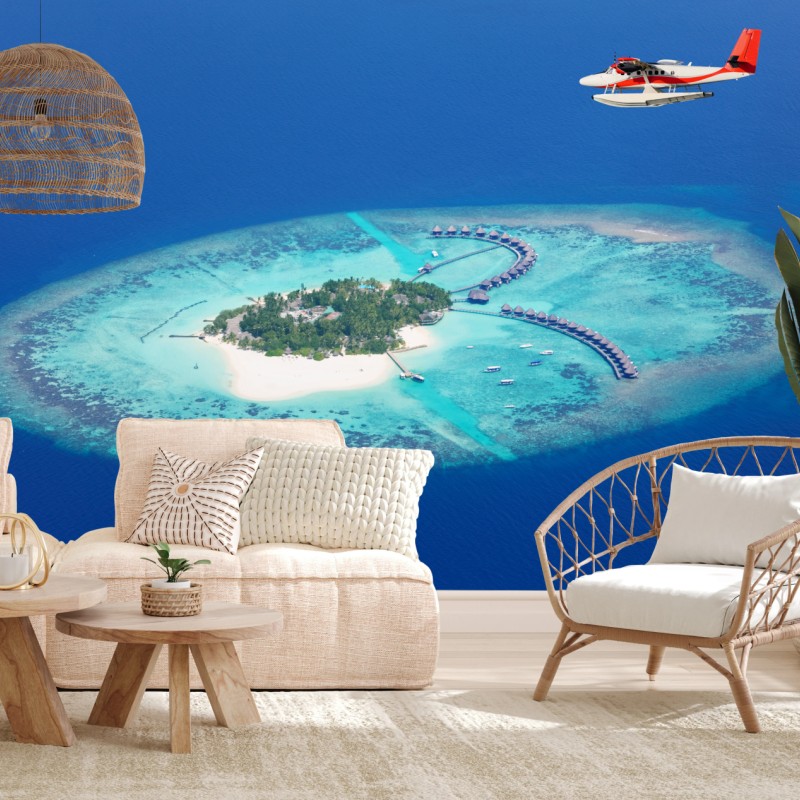 Fototapete tropische insel aus der luft mit wasserflugzeug