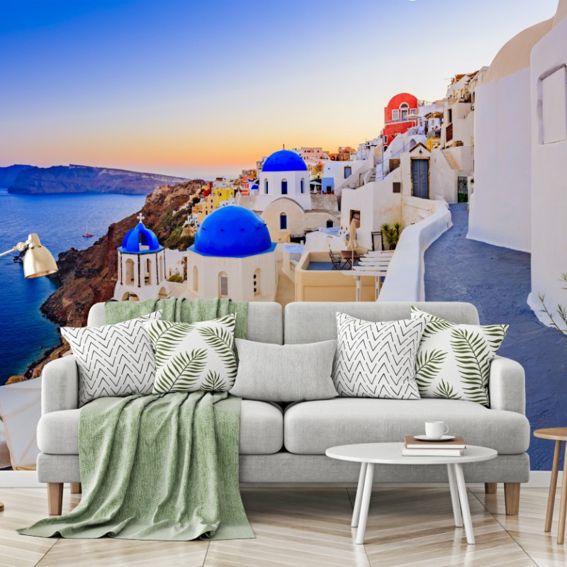 Fototapete Santorini sonnenuntergang über blauen kuppeln – Wallnifity®