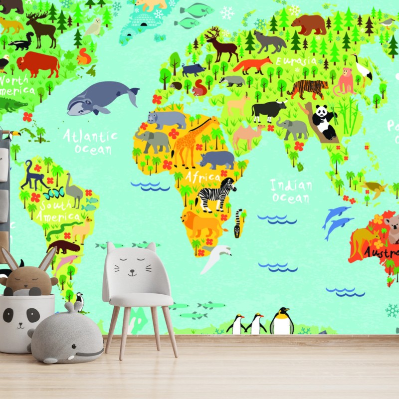 Fototapete bunte weltkarte mit tieren – Wallnifity®