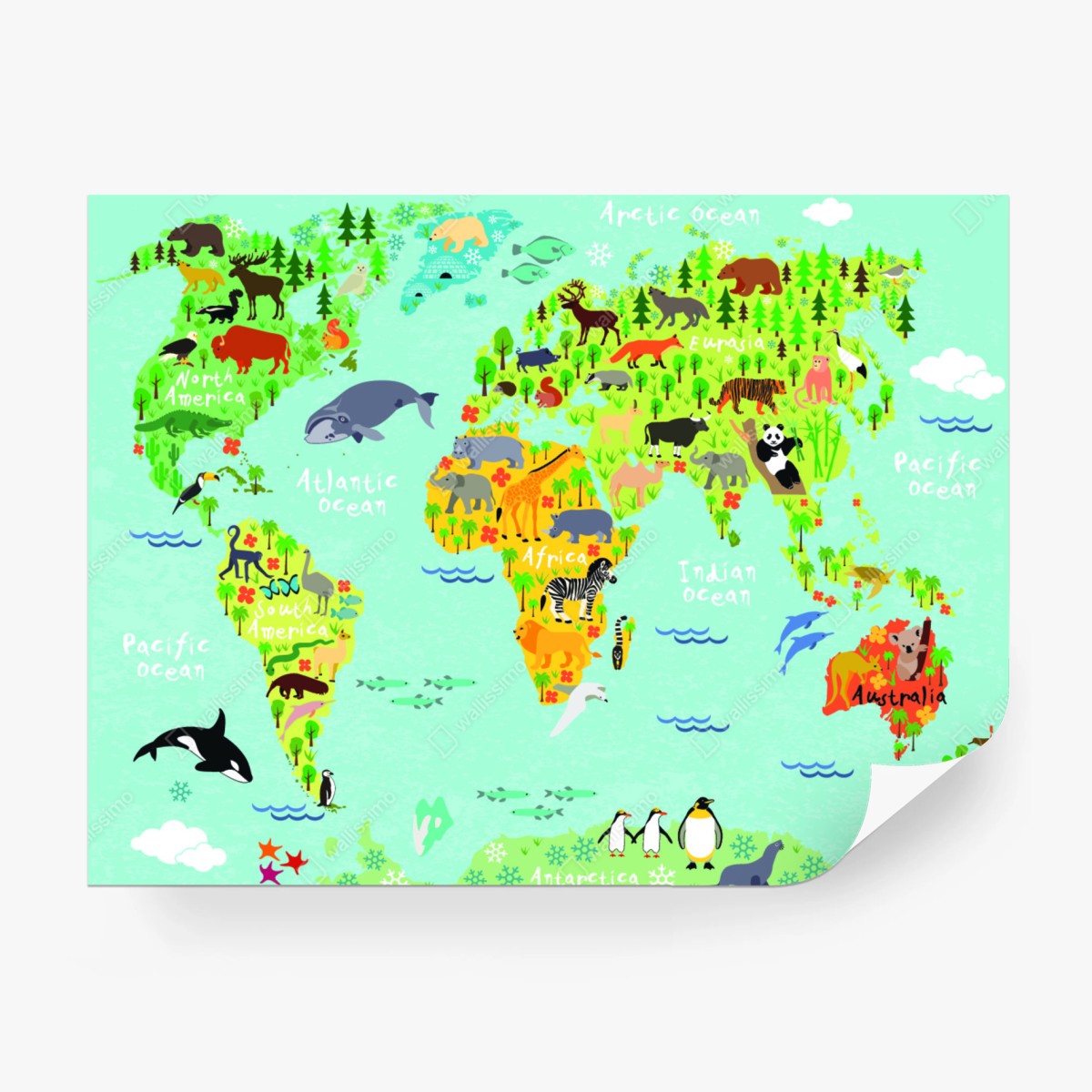 Fototapete bunte weltkarte mit tieren – Wallnifity®
