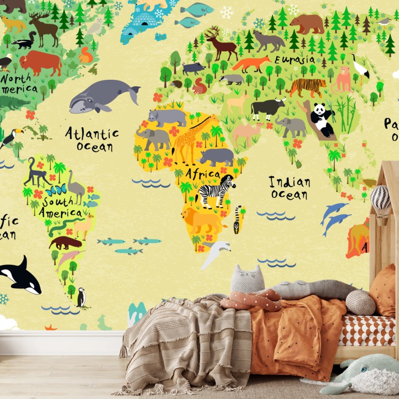 Fototapete bunte weltkarte mit tieren – Wallnifity®
