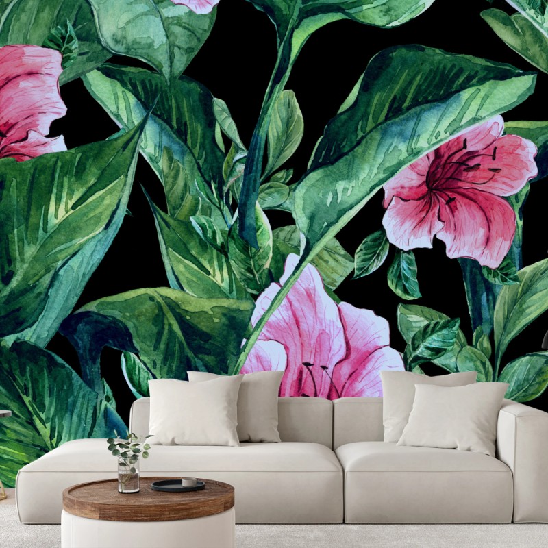 Fototapete rosa aquarellblumen auf schwarzem hintergrund – Wallnifity®
