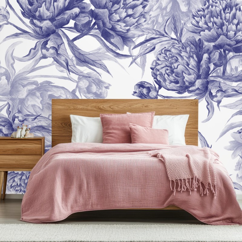 Fototapete blaue pfingstrosen botanisches muster – Wallnifity®