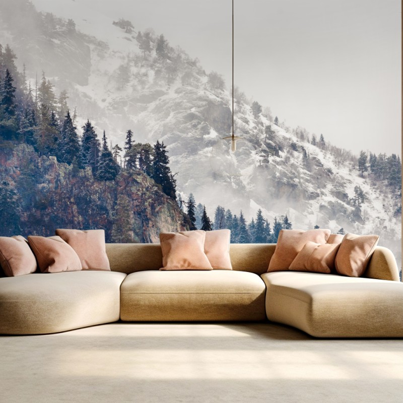 Fototapete nebliger berg mit felsklippe und kieferwald – Wallnifity®