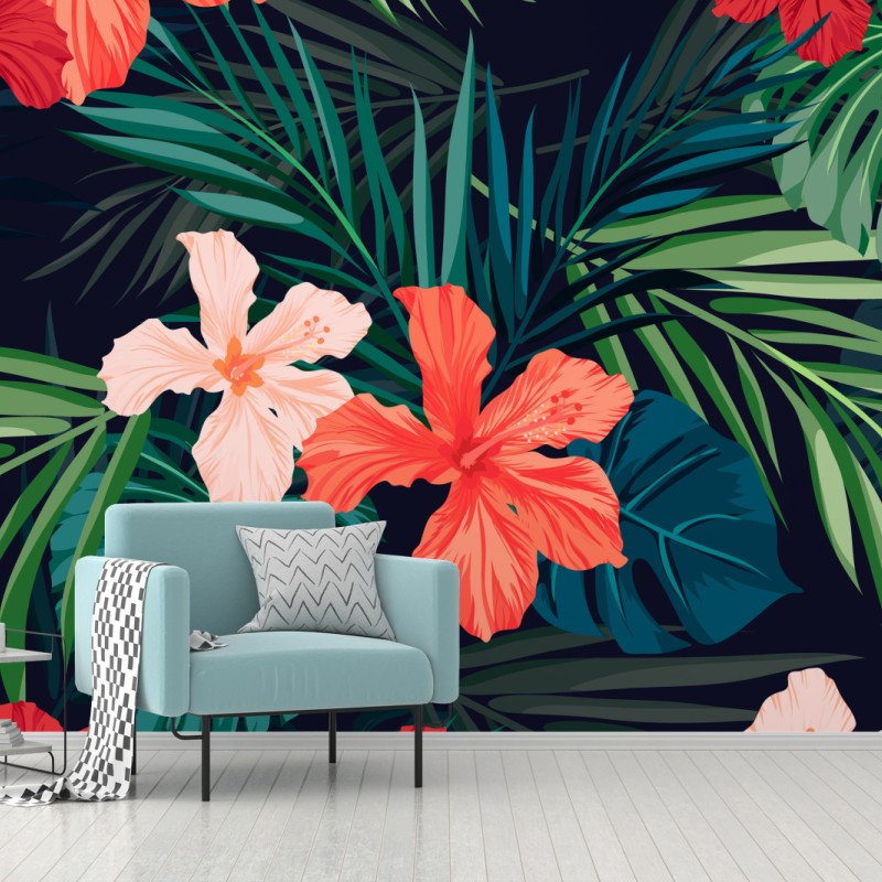 Fototapete tropisches hibiskus-botanikmuster – Wallnifity®