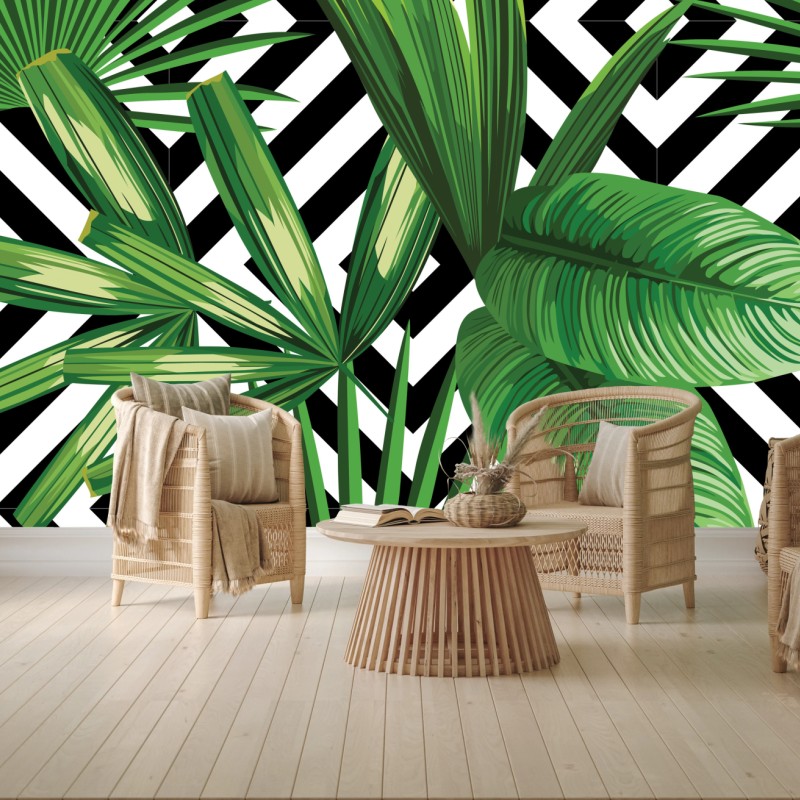 Fototapete tropische blätter mit geometrischem muster – Wallnifity®