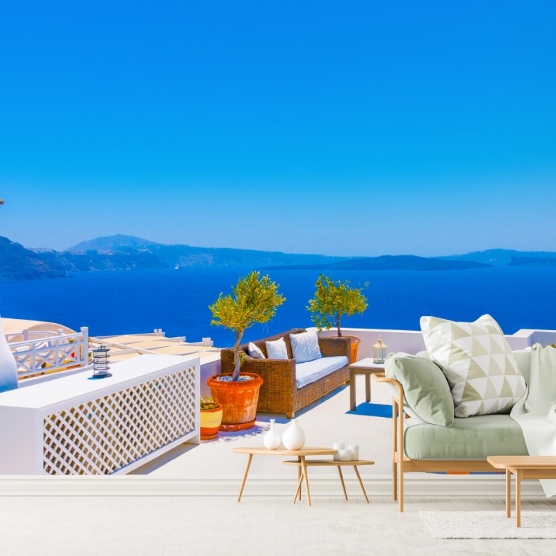 Fototapete terrasse in Oia mit meerblick, Santorini – Wallnifity®