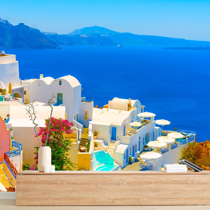 Fototapete sonniger blick auf Santorini mit weißen häusern und blauem meer – Wallnifity®