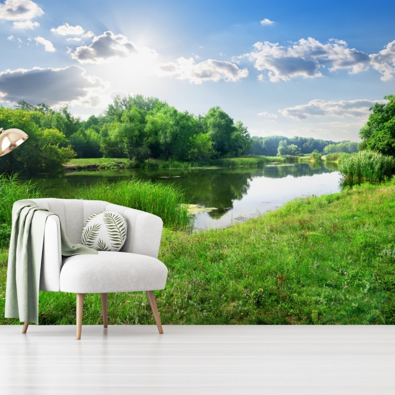 Fototapete sonnige wiese am fluss – Wallnifity®